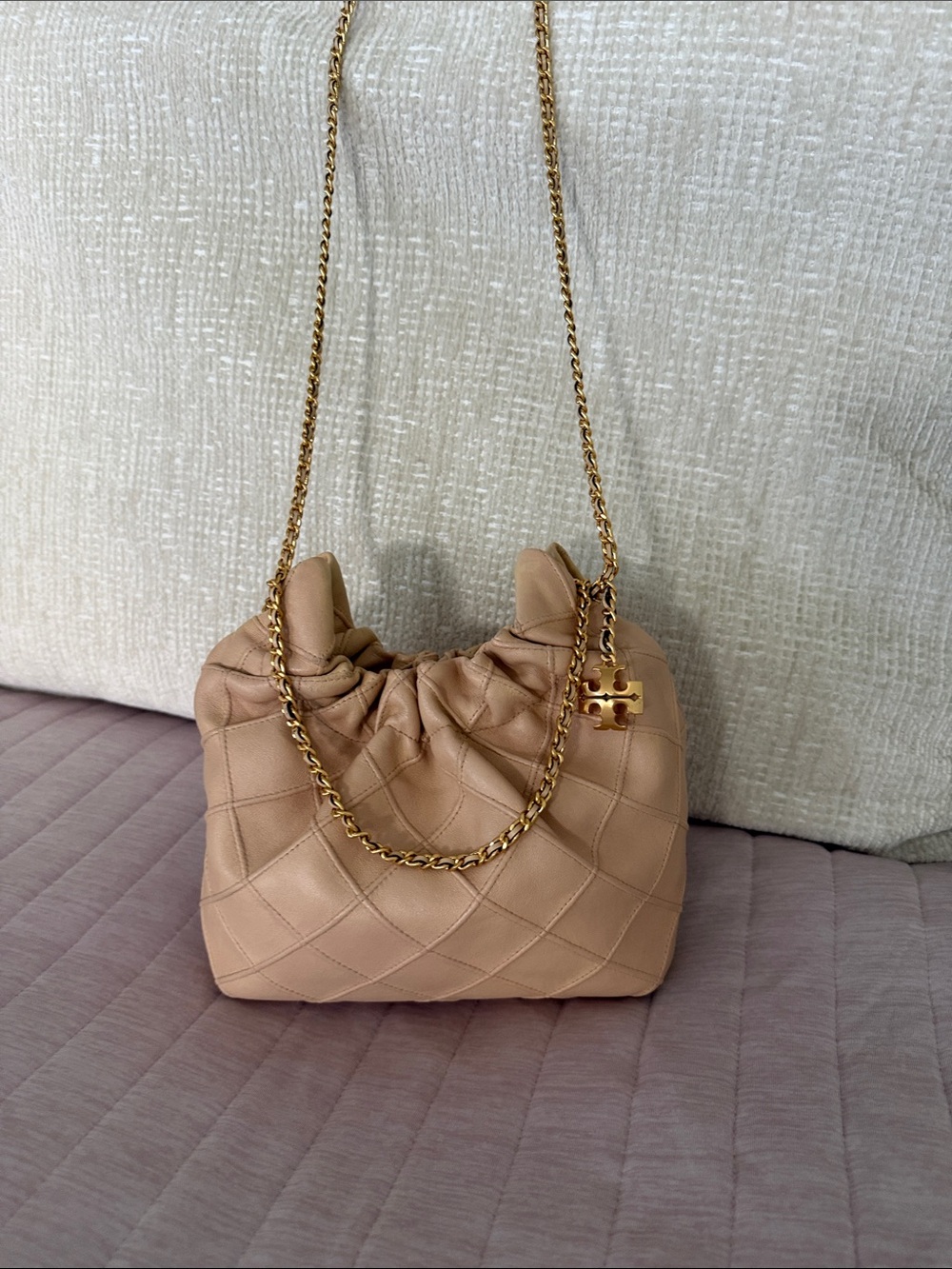 Tory Burch Fleming Mini Hobo Quilted Drawstring Leather Bag Vanilla Gold Chain - Picture 5 of 15